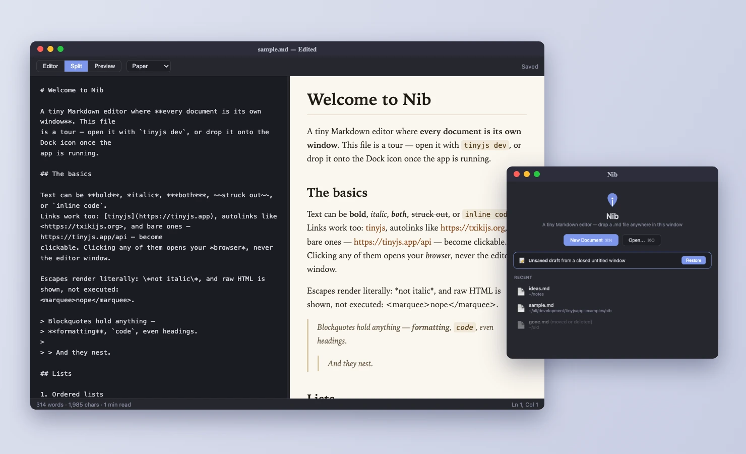 Nib with a document open in split view, dark source on the left and a paper-themed preview on the right, next to the Welcome window listing recent files